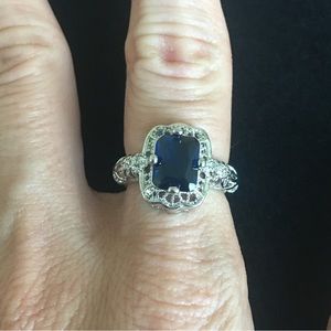 Blue and Silver Tone Princess Cut Ring